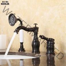 빈티지 럭셔리 블랙라 골드 전동 세면대 냉열 세라믹 필름 북유럽식 욕실 욕조 3공 수도꼭지, 01 흑전계표 하수기 주문 전 비고하기