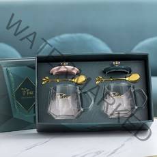 Fine 투명 유리 커플 머그컵 400ml 선물 세트 티스푼 포함, 2개입, 그린, 핑크