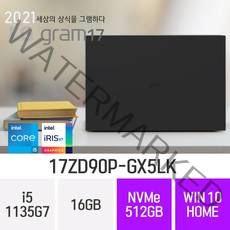 LG 2021 그램17 17ZD90P-GX5LK + 한컴오피스 [2022그램 i7 무상업그레이드 화이트로 대체출고됩니다], 512GB, 윈도우 포함, 16GB