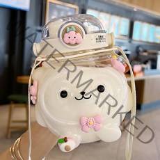 여름 곰돌이 물컵 여고생 귀요미 큰 고온내구성 보냉 어깨끈 대형원터치 빨대 물통, 화이트 멜빵에 설산 하지 않는 도치 1L