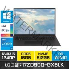 [한컴오피스증정] LG전자 2022 그램17 17ZD90Q-GX5LK 17인치 게임 학생 주식 고성능 기업 가성비 노트북, WIN10 Home, 16GB, 512GB, 코어i5, 블랙