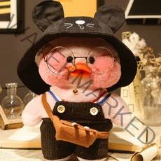 PKTOYS 재밌고 귀여운 빵빵덕오리피규어 선물 귀여운 인형분홍색, 검은 고양이 모자 갈색 가방 검은 벨트 바지, 30cm
