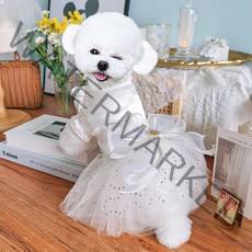 강아지화동 애견 화견 공주옷 웨딩 고양이 원피스 턱시도 프릴 드레스 레이스, 화이트, XS(가슴둘레 30)
