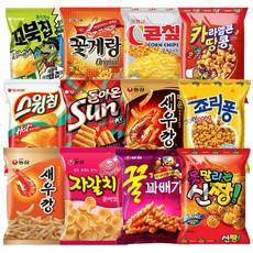 농심 오리온 크라운 봉지과자 12종 A(새우깡+새우깡매운+자갈치+꿀꽈배기+돌아온썬+스윙칩+꼬북칩+꽃게랑+콘칲+신짱+죠리퐁+카라멜콘땅콩), 1세트