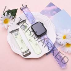 1+1 에스더버니 애플워치 호환 스트랩 8 7 6 SE 2 투명 TPU 캐릭터 시계줄, 퍼플 플라워 버니, 퍼플 플라워 버니, 45mm