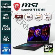 MSI Sword 17인치 A12UE 포스 13세대 i7-13620H RTX4060 신제품 대체발송 17인치 윈도우11 노트북, B13VFK, WIN11 Home, 16GB, 512GB, 코어i7, 블랙