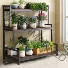 철제 화분받침대 화분진열대 식물정리대 다용도 인테리어 선반, 3단-63cm, 계단형-브라운