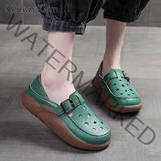 CemvnKeim 펀칭 통굽 샌들 여성 로퍼 여성가죽단화슈즈
